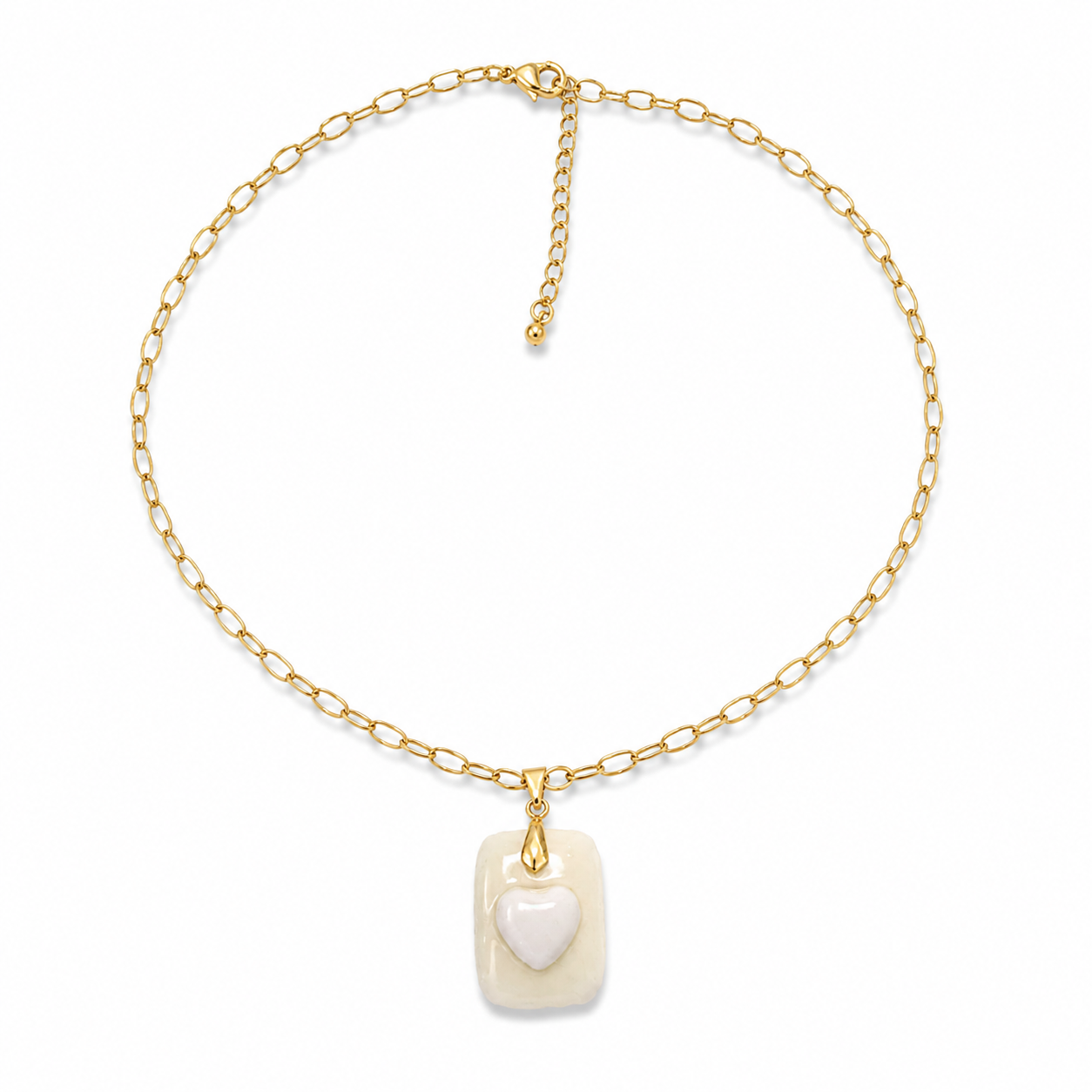 Collier MIRA chaîne mailles ovales plaqué or et pendentif cœur en porcelaine ivoire, bijou bohème chic Inès & Zoé