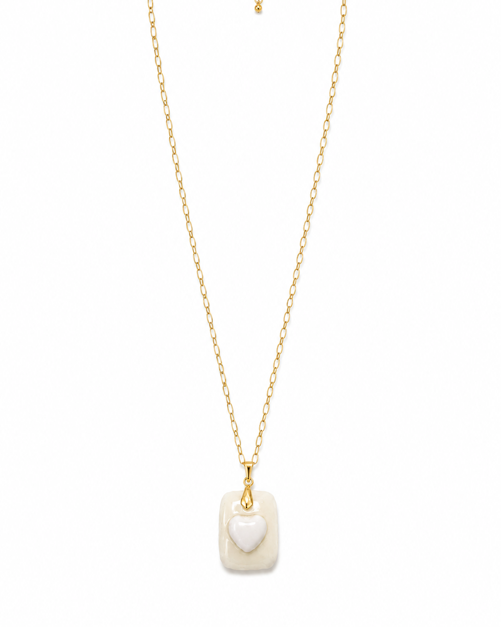 Sautoir ROMY chaîne longue mailles ovales plaqué or et pendentif cœur en porcelaine ivoire, bijou bohème chic Inès & Zoé