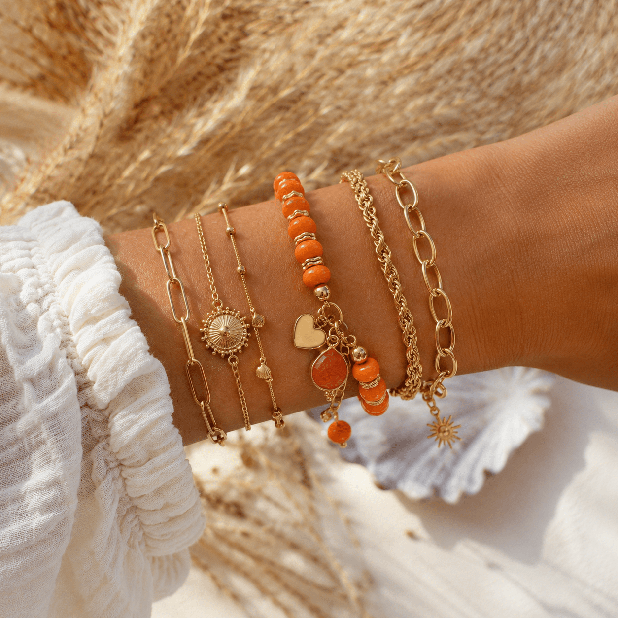 Bracelet Milo – Perles Heishi orange & plaqué or - Inès & Zoé