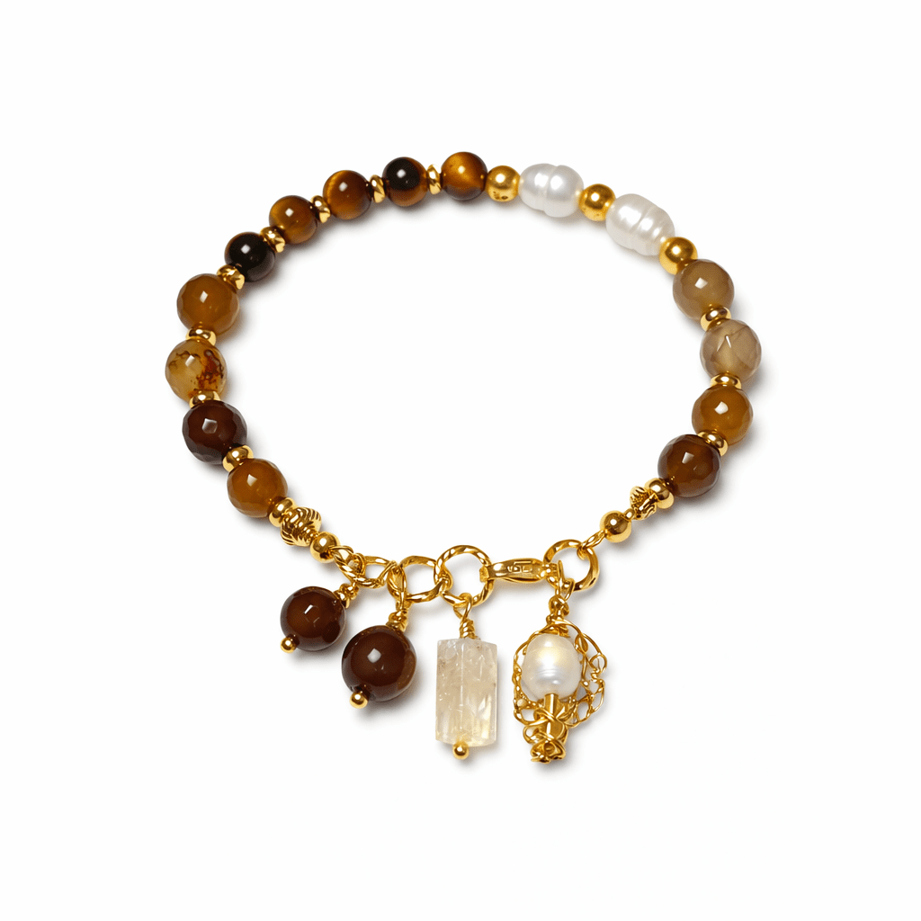 Bracelet SALY – Agathe, œil de tigre, perles d’eau douce &amp; plaqué or - Inès & Zoé