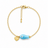 Bracelet ICHAA Bleu – Poisson porcelaine bleue & cœur plaqué or fond blanc - Inès & Zoé