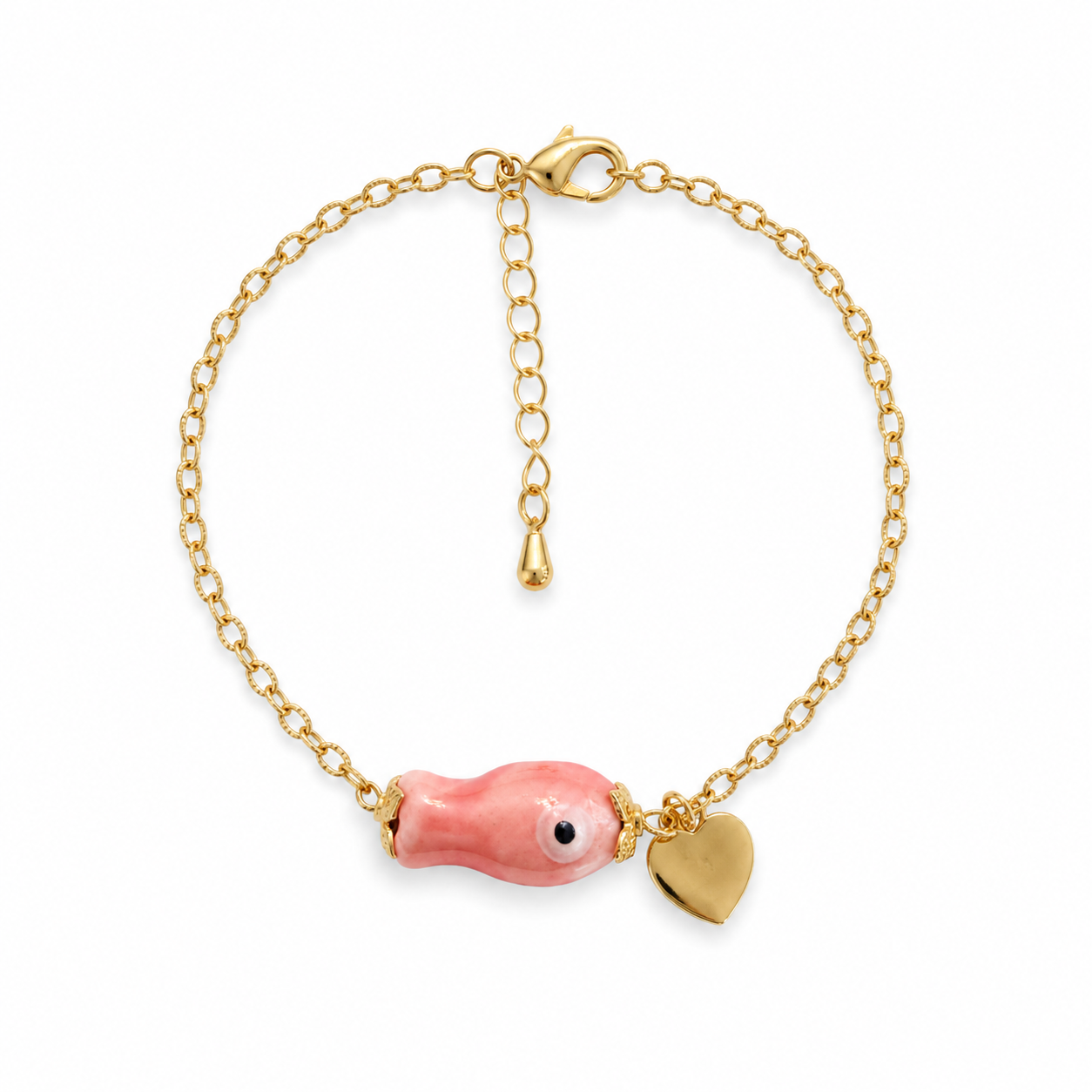 Bracelet ICHAA Rose – Poisson porcelaine rose & cœur plaqué or fond blanc - Inès & Zoé