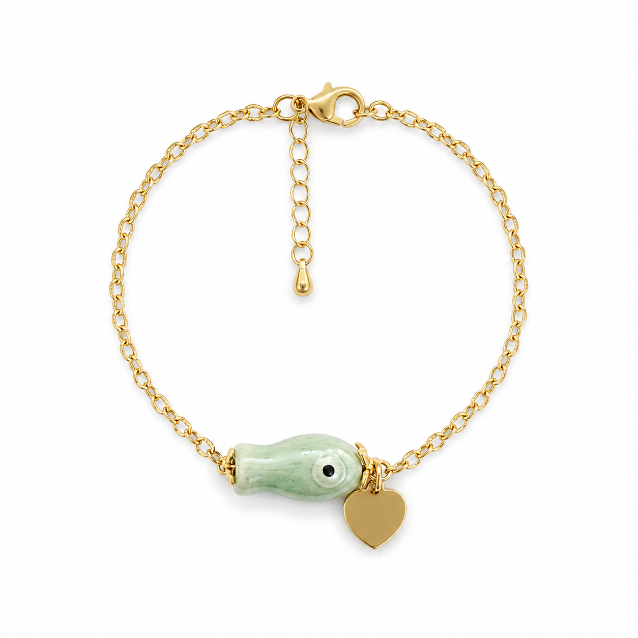 Bracelet ICHAA Vert – Poisson porcelaine verte & cœur plaqué or fond blanc - Inès & Zoé