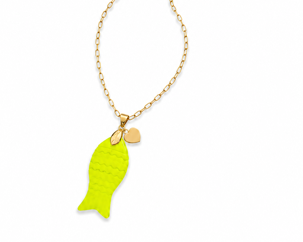 Sautoir SOLOW jaune fluo pendentif poisson résine plaqué or – sautoir bohème chic été Inès & Zoé
